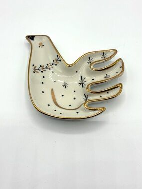 Anthropologie Dove Trinket Dish Gold Trim Ceramic Jewelry Holder Decor